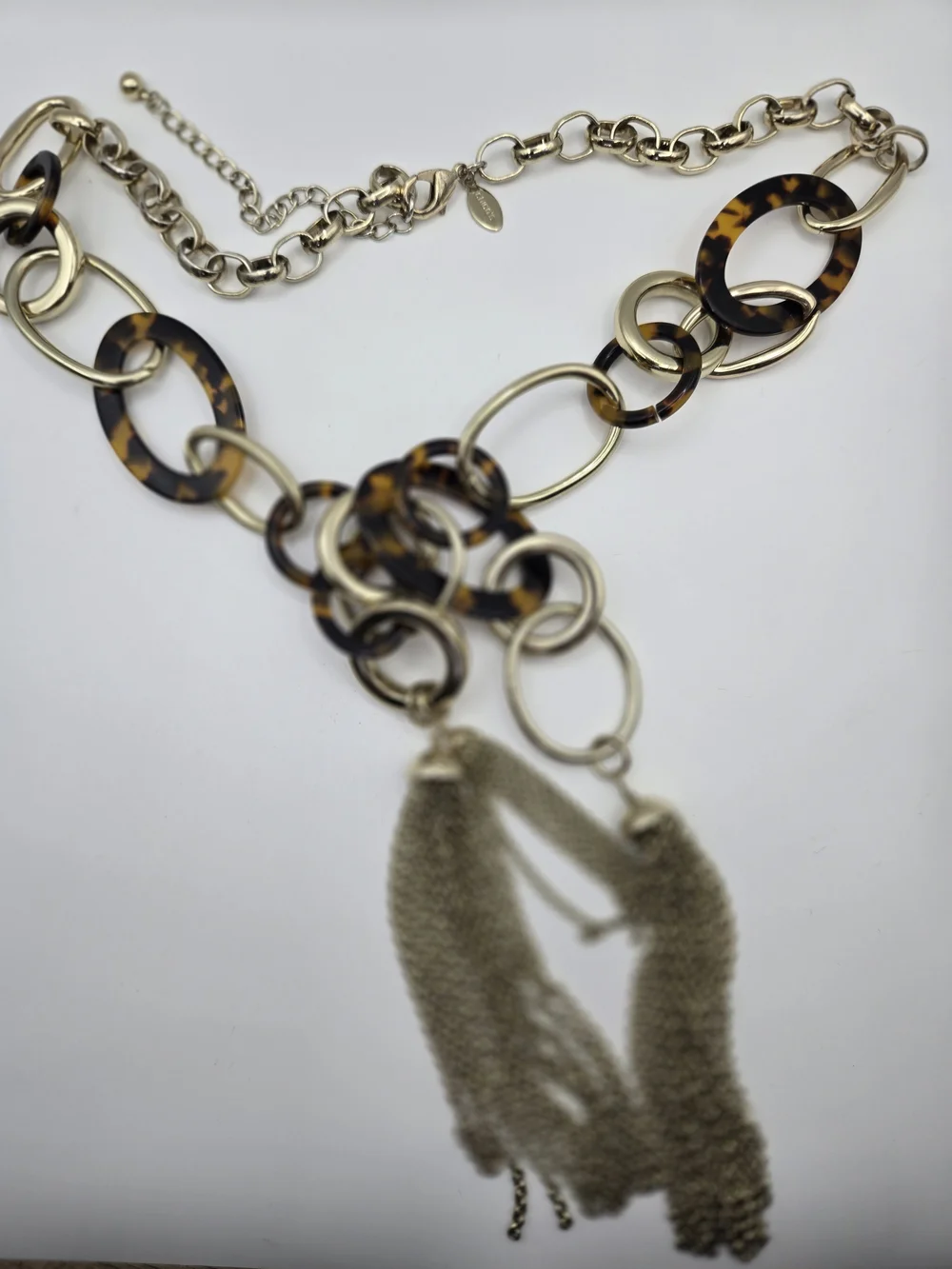 Chico's Long Tortoiseshell Gold Chain-Link Necklace Gold Tassels Bold Statement